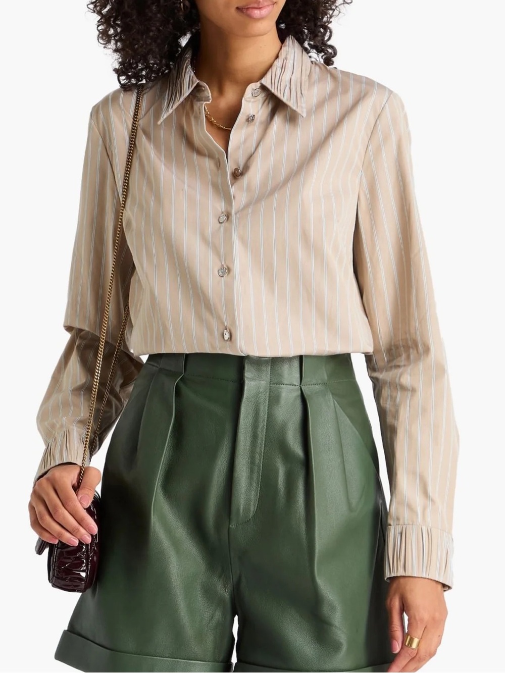 Tory Burch Striped Poplin Shirt in Taupe/ Green